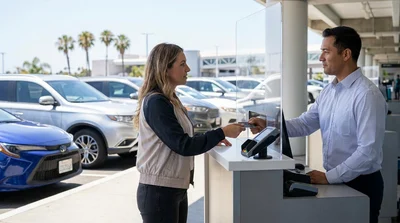 Customer handing a credit card to an agent at a car hire counter in the United States
