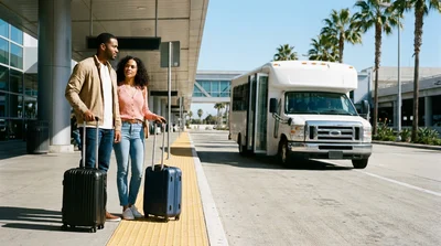 Travelers with luggage waiting outside a Los Angeles airport terminal for a car rental shuttle bus