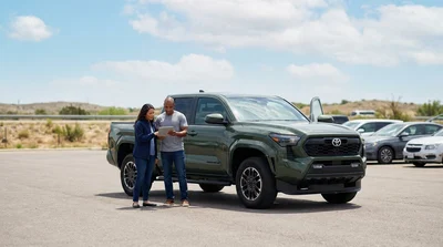 A modern car rental driving along a scenic desert highway in Texas