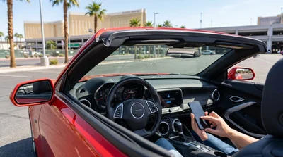 Hands holding a smartphone next to a glowing dashboard screen inside a car rental in Las Vegas