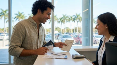 A traveler showing a driver's license to an agent at a car rental desk in Florida