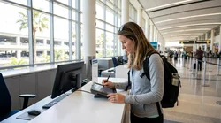 Traveler receiving keys at a car rental counter inside the Orlando airport terminal