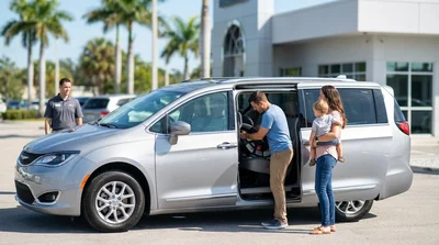 Parent fitting a child seat into a car hire vehicle at a Florida airport parking lot