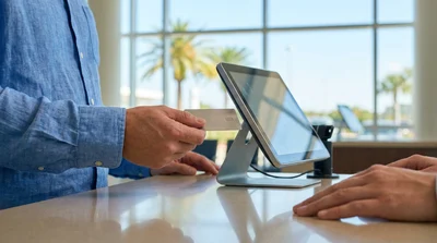 Traveler handing a charge card to an agent at an Orlando car hire counter