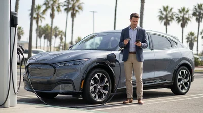 Electric car rental plugged into an outdoor EV charging station under palm trees in California
