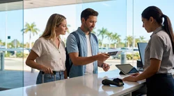 Person handing an ID card to an agent at a car rental desk in Orlando