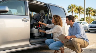 Parent securing a child safety seat in the back of a car rental in Florida