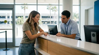 Traveler with luggage approaching a vehicle in a California airport car rental lot