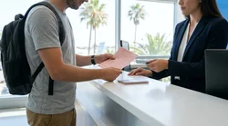 Person handing a paper driving licence to a staff member at a California car hire desk