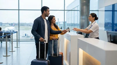 Travelers with luggage walking toward a car hire desk at an airport terminal in New York