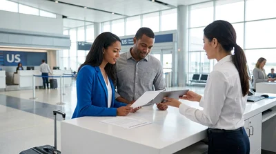 Person holding keys and reviewing documents at a car hire desk in the United States