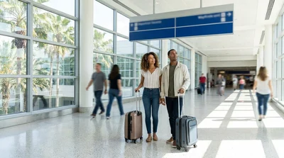 Travelers rolling luggage on a walkway towards the car hire center at Miami Airport