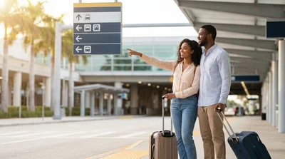 Travelers with luggage waiting to board a car rental shuttle bus outside Miami airport