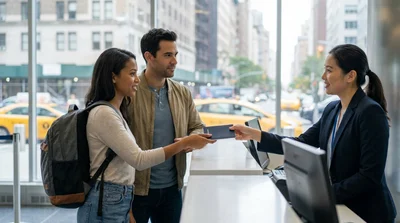Traveler holding a passport next to a car rental parked on a New York City street