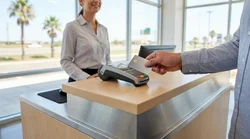 Close-up of a hand inserting a credit card into a payment terminal at a Texas car hire counter