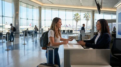 A person handing keys to a customer at a car rental counter in Los Angeles