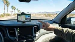 Close-up of a GPS navigation screen on the dashboard of a car rental driving down the Las Vegas Strip at night