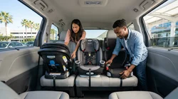 Interior view of three child seats fitted across the back row of an Orlando car rental SUV