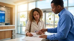 Customer presenting a driving license to an agent at a car rental desk in Florida
