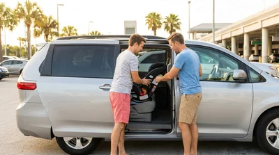 Parent installing a child car seat into a Florida car hire vehicle