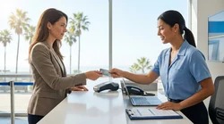 Businesswoman handing a credit card to an agent at a car hire desk in California