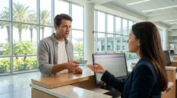 Person handing a debit card to a clerk at an Orlando car rental desk