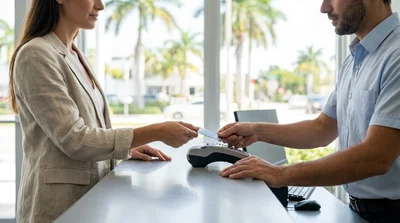 Person holding a credit card next to a white car hire parked under tropical palm trees in Miami