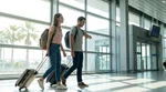 Traveler walking with luggage outside a car rental facility in Los Angeles