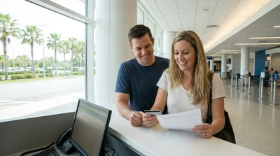 A couple walking towards their car rental parked under palm trees in Orlando