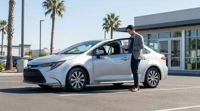 A white car rental driving along a sunny coastal highway overlooking the ocean in California