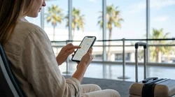 Driver navigating with a smartphone map app inside a car rental on a sunny street in Los Angeles