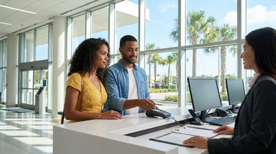 Close-up of a customer passing a credit card to an agent at an Orlando car hire desk