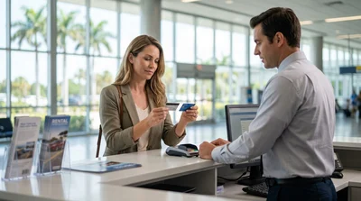 Person handing a bank card to an agent at a car hire desk in Orlando
