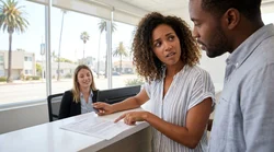 Person reviewing a printed quote on a clipboard while standing next to a California car hire vehicle