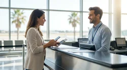 Traveler with luggage approaching a car rental counter inside Miami Airport