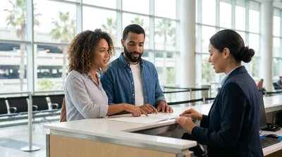 Customer speaking to an agent at a car rental counter in Los Angeles