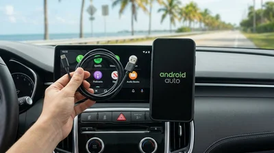 Smartphone connected via USB cable to a car dashboard screen inside a Florida car rental
