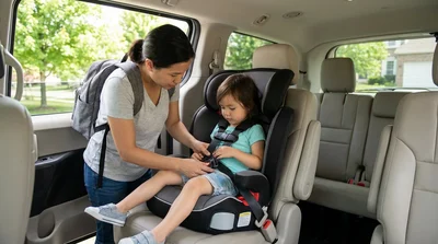 Toddler safely secured in a child seat in the back of a car rental driving past a scenic Pennsylvania landscape