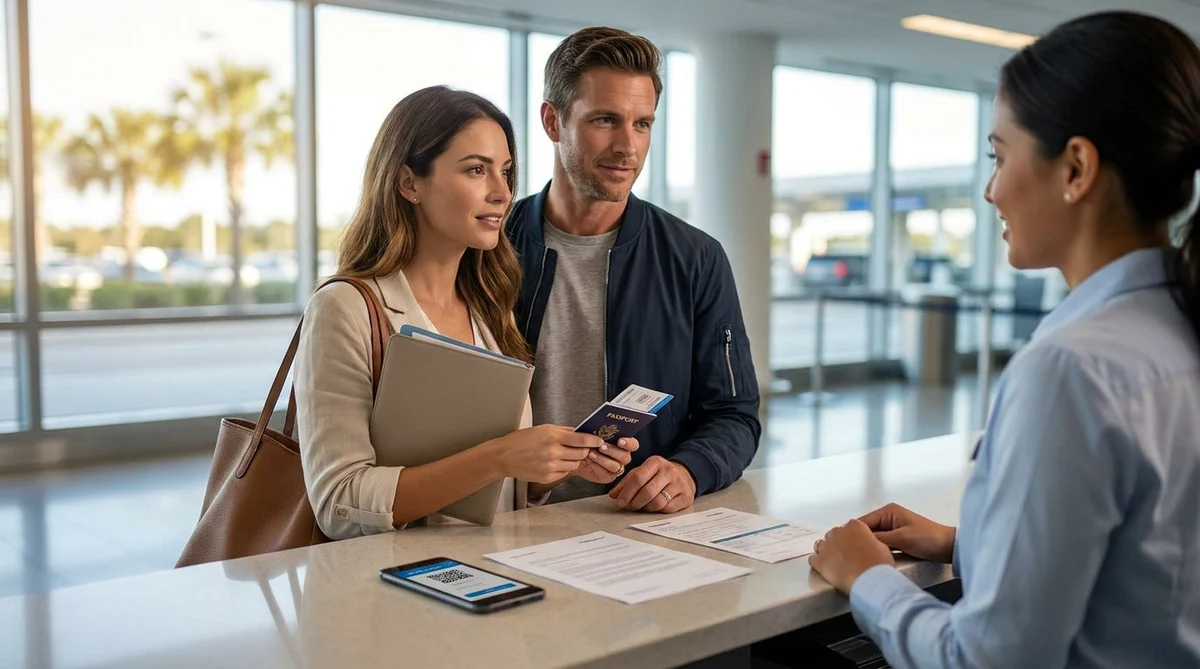 Traveler handing paperwork and a driver's license to an agent at an Orlando car rental desk