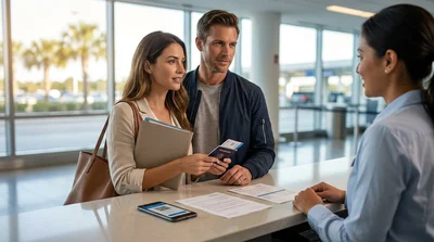 Traveler handing paperwork and a driver's license to an agent at an Orlando car rental desk