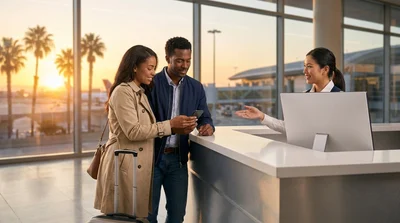 Traveler signing paperwork at an illuminated Los Angeles airport car rental desk at night