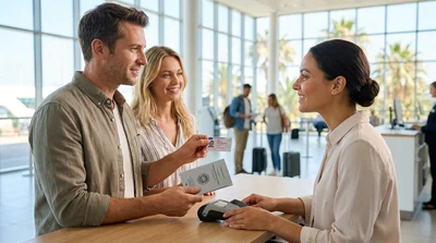 A person receiving keys for a car rental at a sunny outdoor parking lot in California