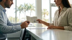 Traveler showing an International Driving Permit at a car rental counter in sunny Florida
