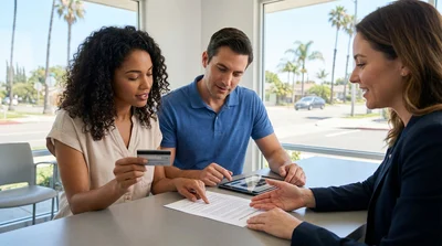 Two people exchanging keys next to a car rental parked on a scenic street in California