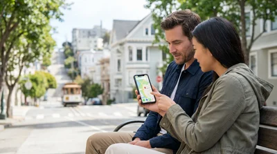 Person using a smartphone inside a car rental parked near a street parking meter in San Francisco