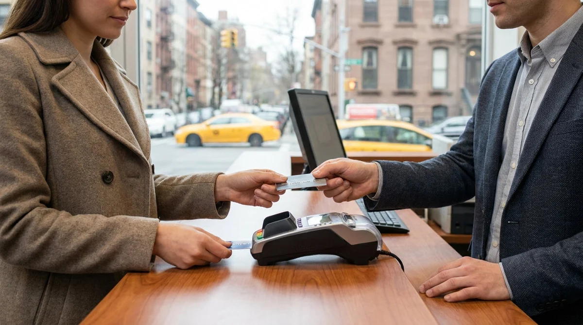 Two credit cards placed on a car rental counter with the New York skyline in the background
