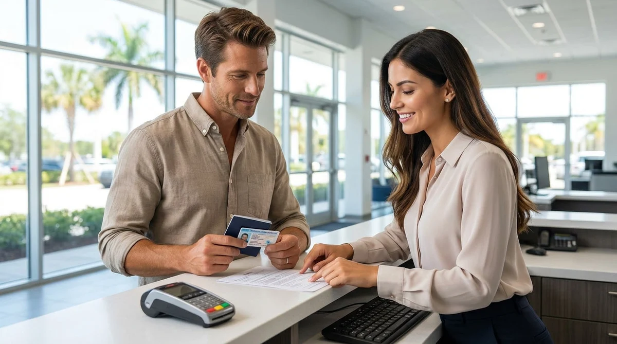 Person holding a passport and driver's license at a car rental desk in Florida