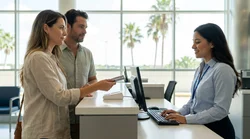 Close-up of a customer handing a credit card to an agent at an Orlando car hire desk