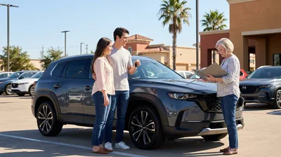 Two young friends smiling inside a car rental driving down a sunny Texas highway