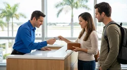 Customer handing a credit card to an agent at a car hire desk in Florida